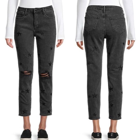 Free People Driftwood Gizelle Jeans In Black Star Destructed Embroidered - Picture 1 of 8